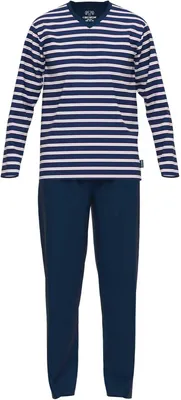 Produktbild von CECEBA Herren Schlafanzug - Pyjama, Baumwollmischung, V-Ausschnitt, Logo, Streifen, lang, einfarbig Blau/Weiß M