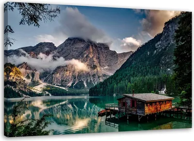 Obrázok produktu pre Obraz na plátne chata na jazere v horách 100x70 cm Feeby farebné maľba na stenu pripravené na zavesenie