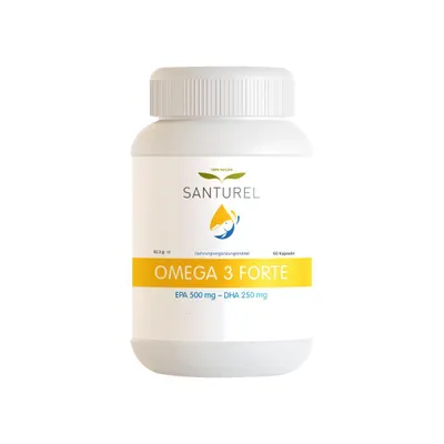 Obrázok produktu pre Santurel Omega 3 Forte – 500 mg EPA a 250 mg DHA – s 4 mg vitamínu E pre lepšie vstrebávanie.