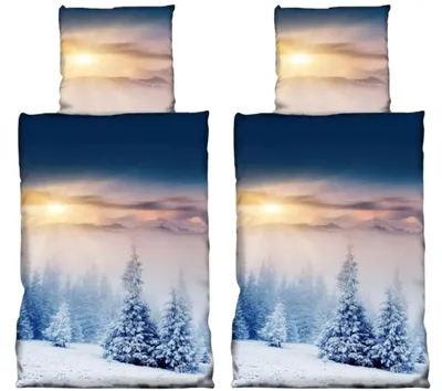 Produktbild von Winter Fleece Bettwäsche 135x200 Flausch Thermofleece Bettbezug Tannen Berge Weinachten 4 tlg