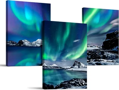 Zdjęcie produktu dla Hyidecorart Northern Lights Green Aurora Borealis Obraz Canvas 30x40cm 3szt