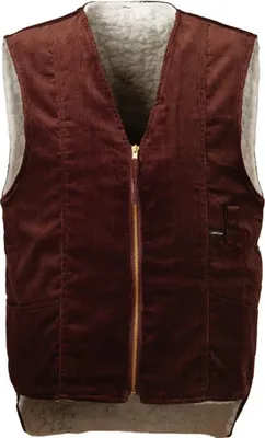 A brown corduroy vest with a gray fuzzy lining is shown front-on against a white background.