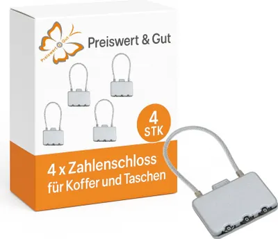 Produktbild von 4 x Kofferschloss für Koffer und Taschen – Metall Schlösser, Silber, 3mm Draht, Zahlenschloss für sicheren Gepäckschutz