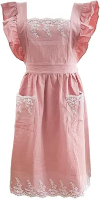 Produktbild von Verstellbare Damenschürze mit gekreuzten Trägern aus Baumwolle/Hanf, Spitzenbesatz, 2 Taschen, geeignet für Gartenarbeit, Kochen und Maniküre.
