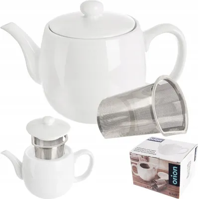 A white porcelain teapot with a removable infuser and lid, shown with its packaging and a separate close-up view of the teapot with the infuser inserted.