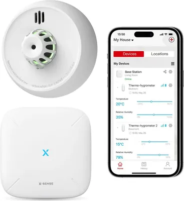 A smart home sensor set including a smoke detector, a base station, and a smartphone displaying the app interface.