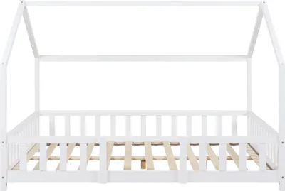 Produktbild von Kinderbett ’Sisimiut’ in Haus-Optik mit Rausfallschutz Kiefernholz 120 x 200 cm Weiß