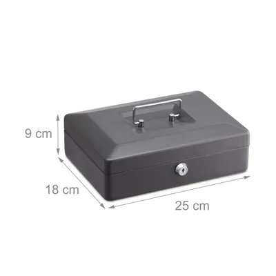 A gray metal cash box with dimensions indicated.