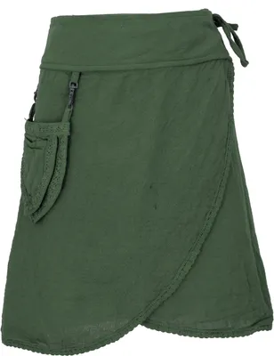 Produktbild von Pixi Festival Boho Minirock, Natürlicher Ethno Wickelrock mit Tasche, Spitze - Grün, Damen, Baumwolle, Röcke