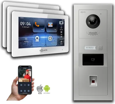 Produktbild von Goliath IP Video Türsprechanlage mit Kamera 7-Zoll Fingerprint RFID Silber : 3 Monitore : 7 Zoll Weiß : Aufputz Dose Monitor Anzahl: 3 Monitore Monitor Farbe: 7 Zoll Weiß Montage: Aufputz Dose