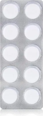 A blister pack of white tablets on a white background.
