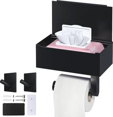 Zdjęcie produktu dla Naścienny uchwyt na rolkę papieru toaletowego z półką - czarny matowy uchwyt na rolkę papieru toaletowego ze stali nierdzewnej do łazienki - pojemnik na mokre chusteczki - samoprzylepny lub wiercony - 2 haczyki na rolkę papieru toaletowego