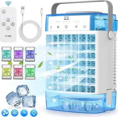 A portable air cooler with various accessories and features displayed.