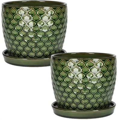 Productafbeelding van Kotarbau Bloempot, sierpot, keramisch, vintage, diameter 17 cm, met lekbak, visschubbenpatroon, groen, 2-delig