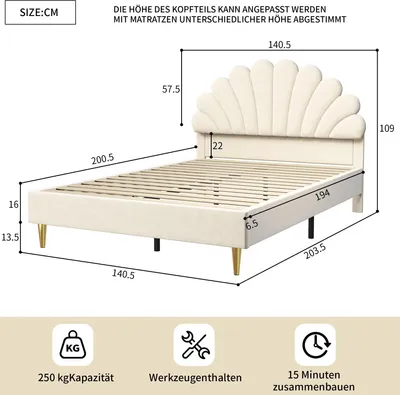 Produktbild von Kinderbett Mädchen - Polsterbett 140x200 cm - Höhenverstellbares Kopfteil - Geblümtes Kopfteil - Samtbezug - Holzgestell - Beige