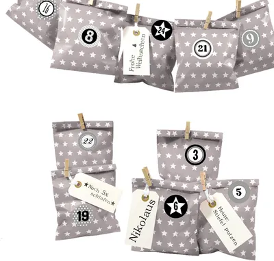 Produktbild von DIY Adventskalender zum Befüllen Bescherung, Papiertueten flach 13x16,5cm, taupe Stern, Ziffern grau