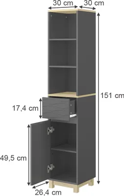A diagram of a tall, narrow cabinet with dimensions indicated.