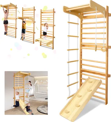Produktbild von LZQ 6 v 1 stena tyče lezenie stena Gym stena lezenie lešenie Gymnastické vybavenie Drevo deti vnútorné s Pull-Up Bar / krúžky / lezenie rebrík a lano rebrík