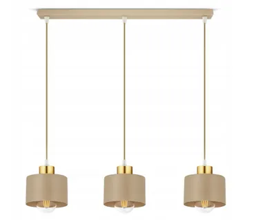 A modern, three-light pendant lamp with beige shades and gold accents, presented against a white background.