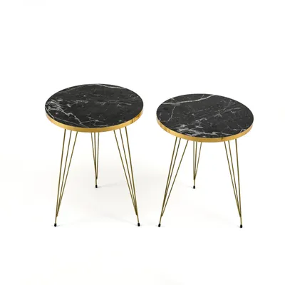 Productafbeelding van Moderne salontafelset, 2 stuks, met marmerlook, ronde salontafel, bijzettafeltje en eindtafeltje, woonkamer meubels, zwart
