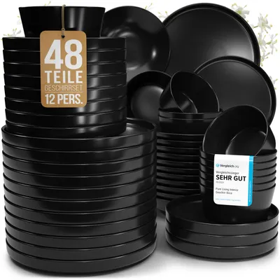 Produktbild von PURE LIVING Geschirr Set Manhattan aus Steingut, 48-tlg., für 12 Personen, Schwarz