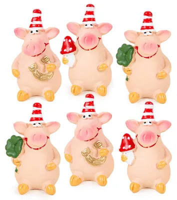 Produktbild von 6 Glücksschweinchen Figuren bunt 6 cm - mit Glückssymbolen Silvester Deko