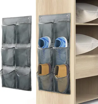 Produktbild von 2er-Pack Schuhaufbewahrungs-Organizer mit Haken zum Aufhängen, faltbarer Hängeaufbewahrungs-Organizer, 12 große Stoff-Tieftaschen, Schuhregal für Schrank und schmale Tür, Organizer, Schuhhalteraufhänger (Grau)