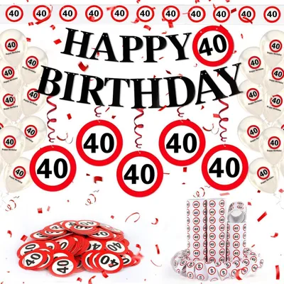 Image de Kit de décoration pour un 40e anniversaire : panneaux de signalisation, banderoles, ballons, serpentins, confettis