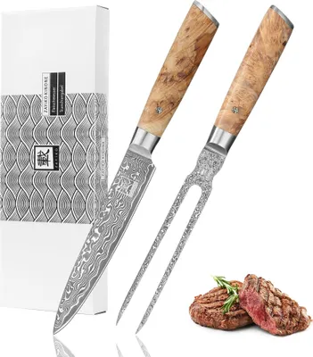 Produktbild von Zayiko Kinone Damast 2er Tranchier-Set I 17-18 cm Klingen I Wurzelholzgriffe Birke