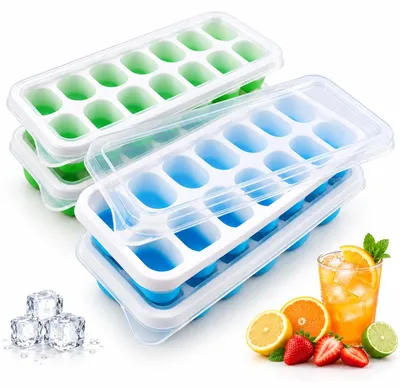 4 Silikon-Eiswürfelformen mit Deckel, 14 kleine Würfel, BPA-frei, blau/grün