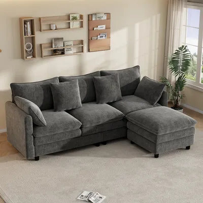 Produktbild von L-förmiges Ecksofa 3-Sitzer mit Chaiselongue, modernes Wohnzimmer Sofa aus Chenille Stoff, Sofa mit 4 Kissen und 3 Rückenlehnen, Grau