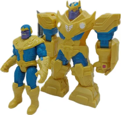 Two Thanos action figures, one larger than the other, are displayed against a white background.