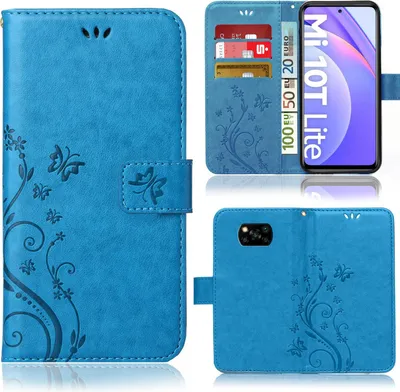 Collage of a blue phone case with floral and butterfly motifs, showing different views and features.