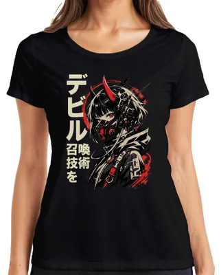 Zdjęcie produktu dla Koszulka damska z motywem cyberpunkowym: anime, dziewczyna, diabelskie rogi, maska, styl japoński, Y2K, dla fanów anime, czarna, rozmiar 3XL
