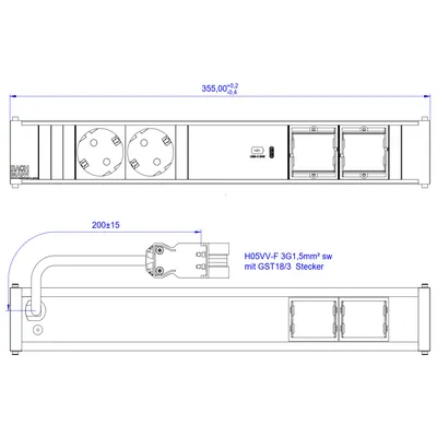 Image de Bachmann CONI - Bâti de prises - CA 250 V - entrée, entrée GST18i3 - prises de sortie : 2 (2 x CEE 7/3, 24 broches USB-C) - cordon de 20cm - noir, RAL 9005, aluminium (912.169)