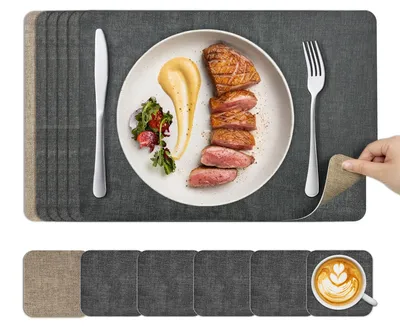 Tischset-Set 6er: Doppelseitig, abwischbar, rutschfest, 43x30 cm, grau+beige