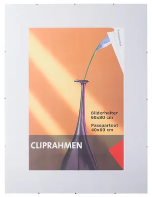 A clip frame with a poster of a vase and flower inside.