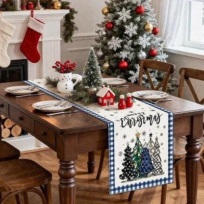 Produktbild von Unyqoos® Tischläufer 40 x 180 cm Dunkelblau mit Weihnachtsmotiv, 100% Polyester Leinenstoff – festliche Tafeldeko für 4–6 Personen