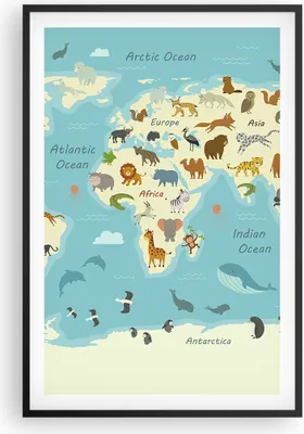 Produktbild von Gerahmtes Poster - Schwarzer Rahmen - Tiere die Welt Karte - 61x91,5 cm - Wand Bild - Wanddeko - Wandbilder - Kunstposter - Wandposter - Bilderrahmen - Bilder - Kunstdruck - P2BPA61x91-4860