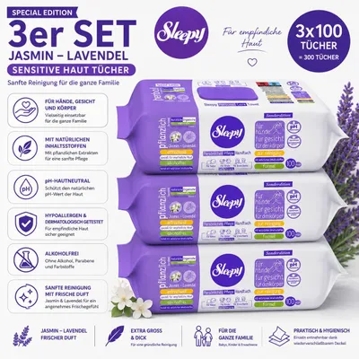 Produktbild von Sleepy Easy Clean Sensitive Feuchttücher Jasmin - Lavendel 3x100 Tücher – für Babys, Kinder & Erwachsene – alkoholfrei, pH-hautneutral, hypoallergen, sanfte Reinigung für Hände, Gesicht & Körper