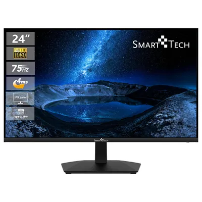 A black computer monitor displaying a starry night sky over a body of water.