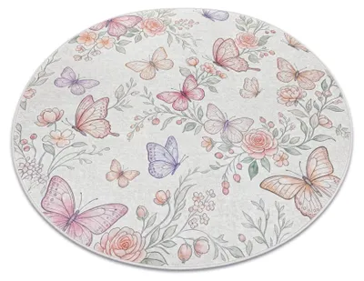 Produktbild von BAMBINO 61450 Kreis Waschteppich Schmetterlinge für Kinder Anti-Rutsch - creme / rosa beige rund 80 cm