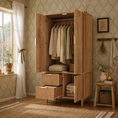 Produktbild von Flieks Eckkleiderschrank 3 Türen Eiche, Gaderobe Kleiderschrank mit 2 Schubladen und Kleiderstange, Gaderobenschrank 80x50x177 cm, Oak