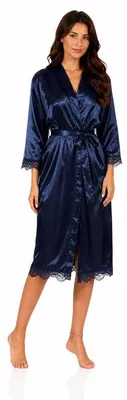 Produktbild von Damen Satin Morgenmantel lang mit Spitze – Kimono Bademantel aus 100 % Polyester, weich & glänzend Dunkelblau M