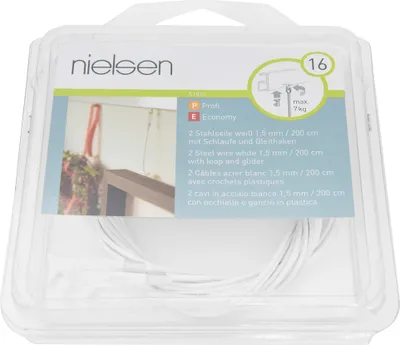 Produktbild von Stahlseil 2m weiß mit Schlaufe und Gleithaken für Galerieschiene (2 Stück/Packung)