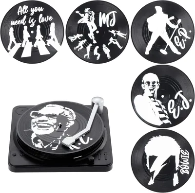 Productafbeelding van Retro vinyl platenonderzetters - Set van 6 - Antislip geïsoleerde koffiedrankbeker mat met houder - Koffie thee biermok wijnglas thuis en bar