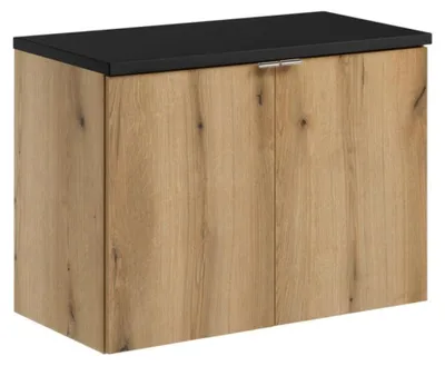Productafbeelding van Hangend badkamermeubelset VANO in eiken en zwart 80cm: onderkasten met deuren + blad voor wastafel