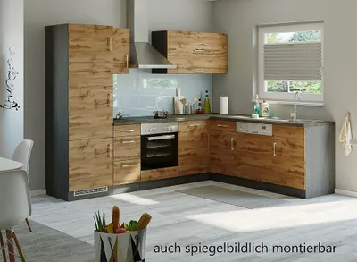 Produktbild von Winkel Eck Küche Sorrento in Wotaneiche Nachbildung 270 x 210 cm mit Herd Glaskeramik Kochfeld Geschirrspüler Kühlschrank und Dunsthaube
