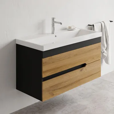 Produktbild von Waschtisch mit Unterschrank 100 cm Eiche | Waschbeckenunterschrank & Keramik