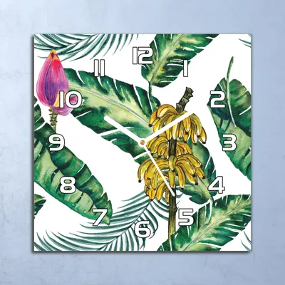 Produktbild von Deko Glasuhr Wanduhr 30x30 Bananen und Blätter Quarz Küchenuhr Bürouhr